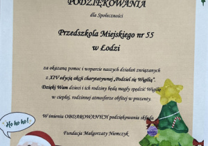 Podziękowania za udział w akcji charytatywnej "Podziel się Wigilią"