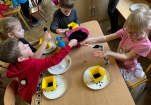 Dzieci sadzą cebulki według instrukcji.