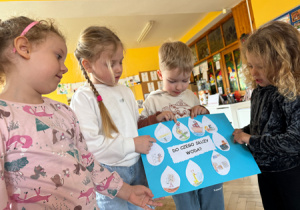 Dzieci w zespole prezentują wykonany przez siebie plakat "Do czego służy woda".